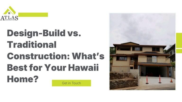 A headline comparing design-build and traditional construction for Hawaii homes, with an image of an oceanfront house